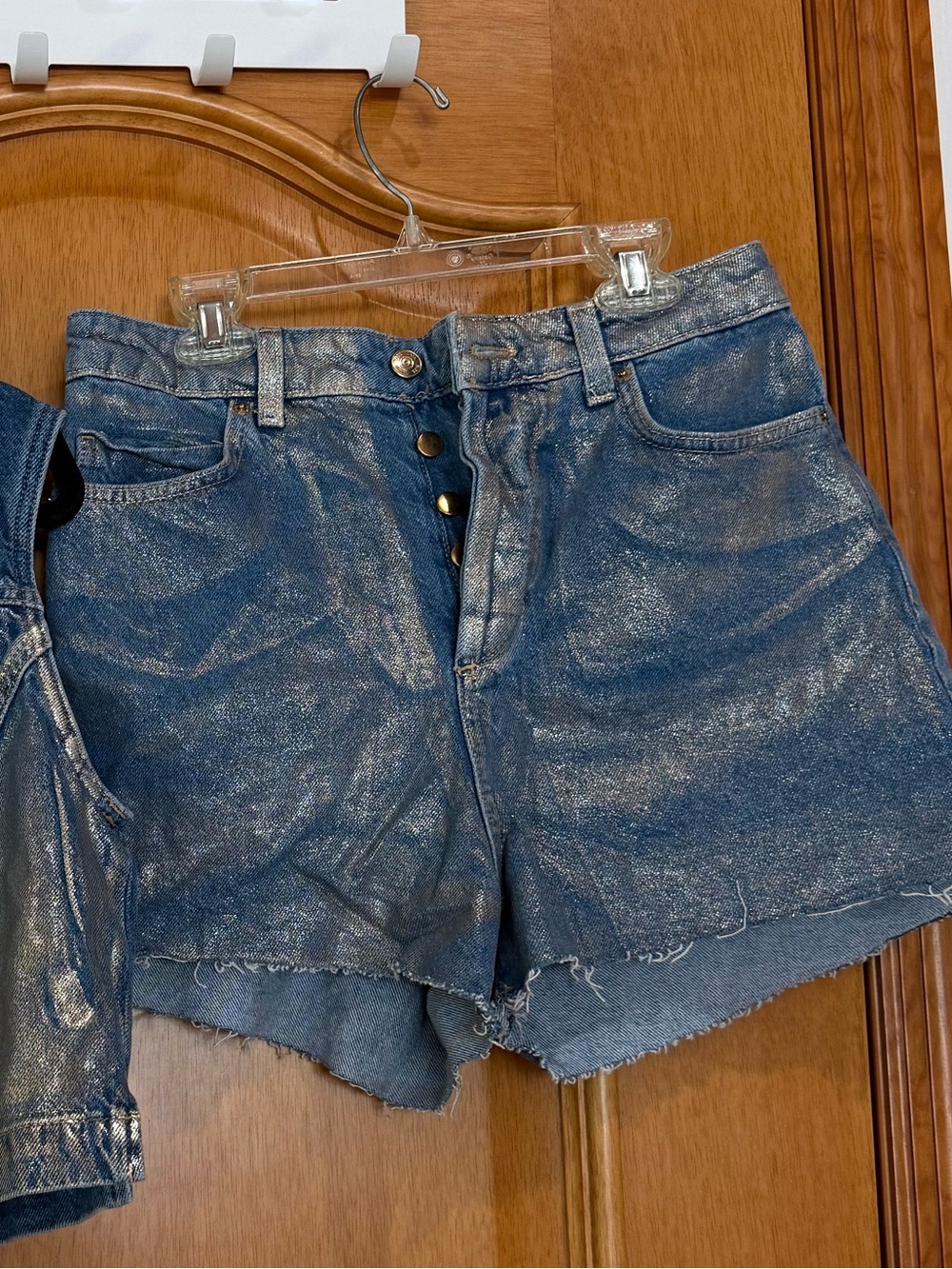 ZARA Shimmery Blue Denim Shorts - Button Front